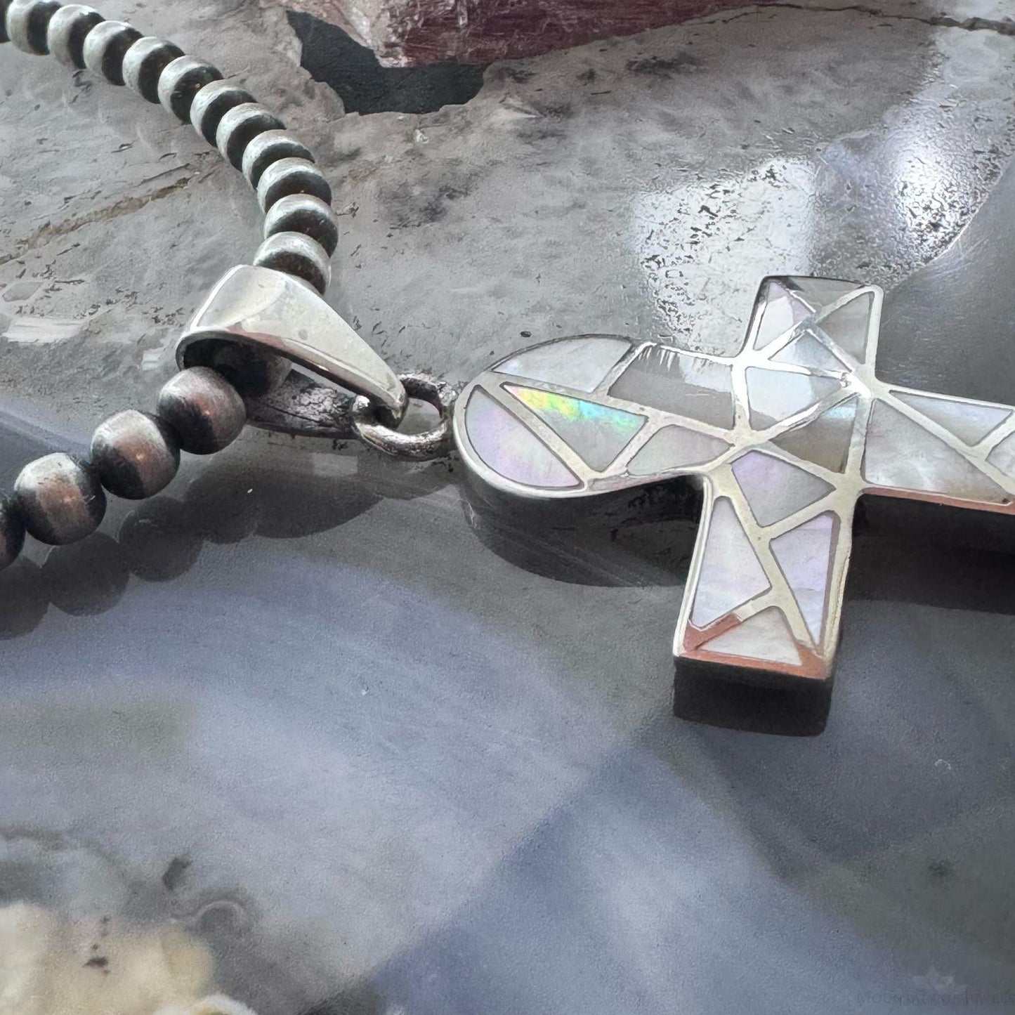 Sterling Silver Southwestern Style Mother of Pearl Inlay Unisex Cross Pendant
