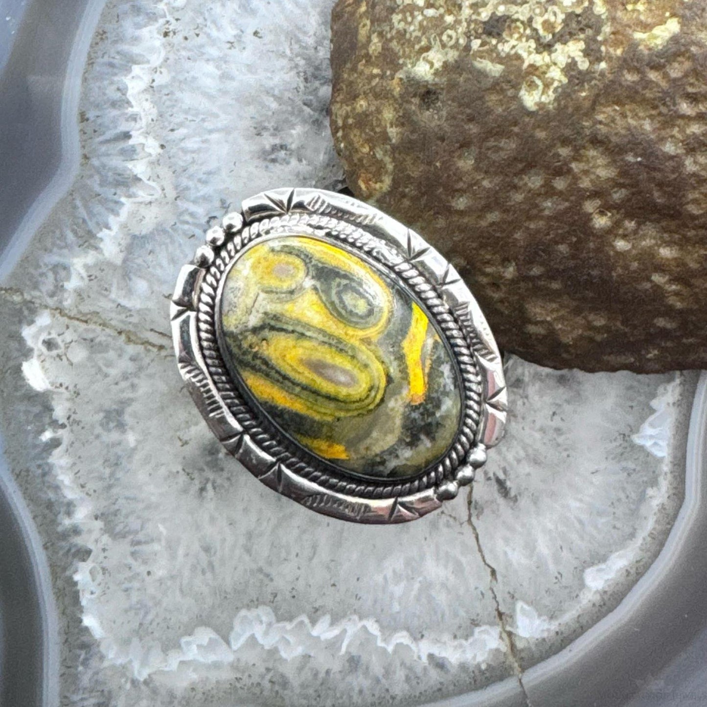 Sterling Silver Southwestern Style Oval Bumblebee Jasper Ring Size 9 For Women