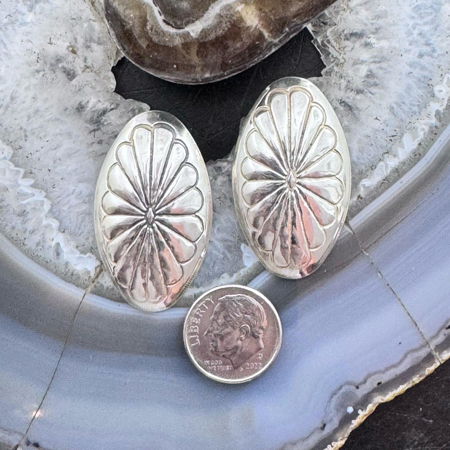 Native American Silver Stamped Flower Oval Post Earrings For Women
