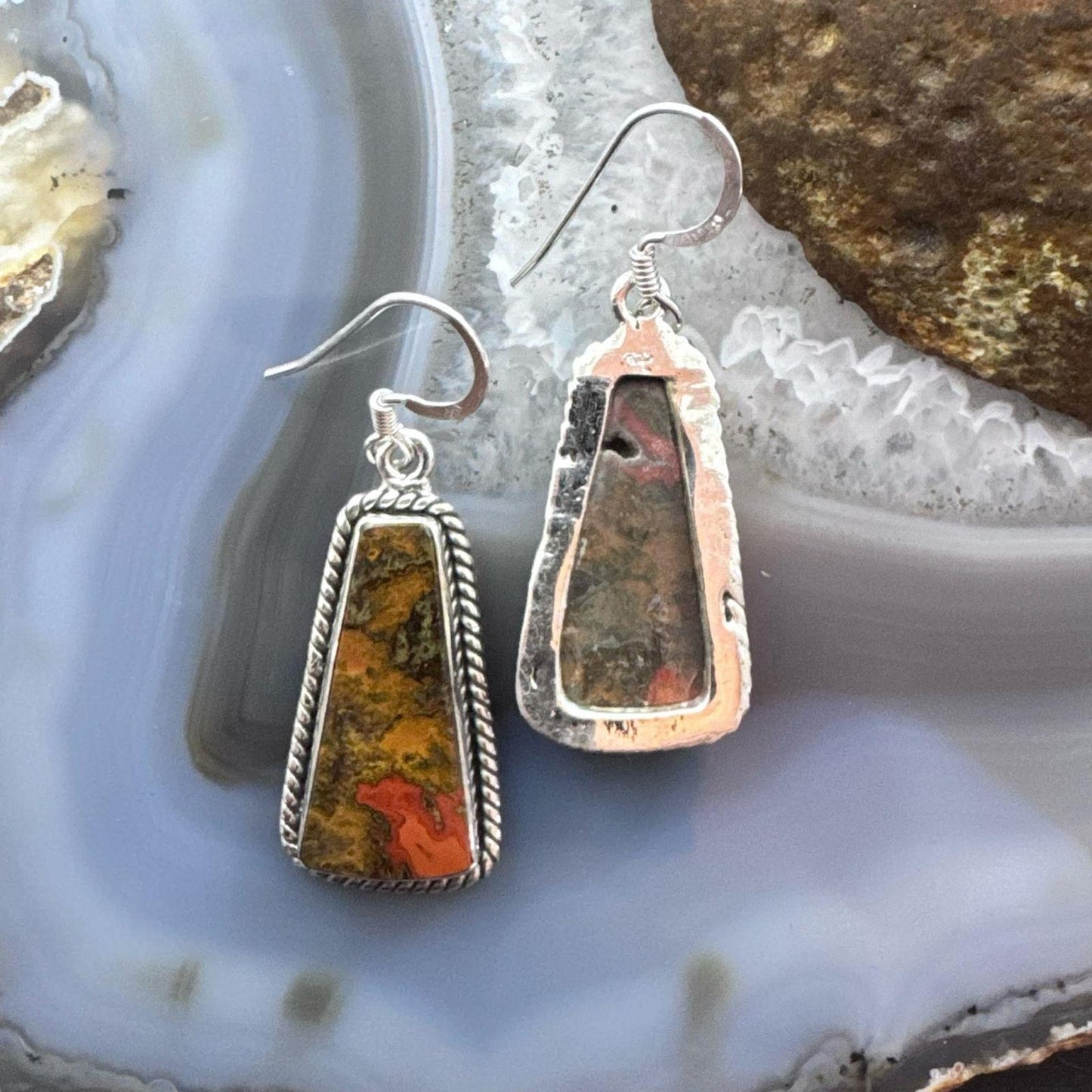 Sterling Silver Southwestern Style Trapezoid Moroccan Seam Agate Dangle Earrings For Women
