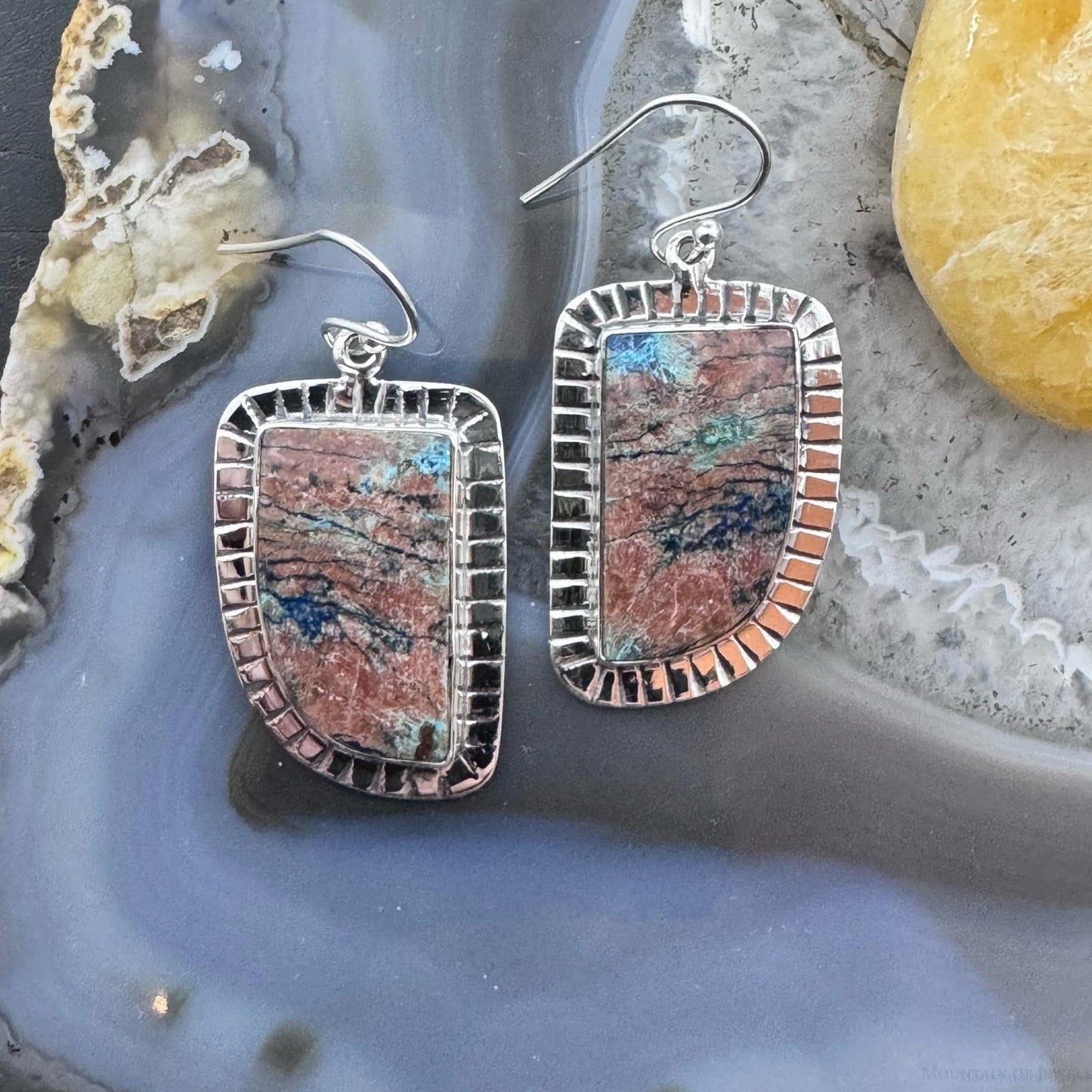 Sterling Silver Southwestern Style Shattuckite Decorated Dangle Earrings For Women