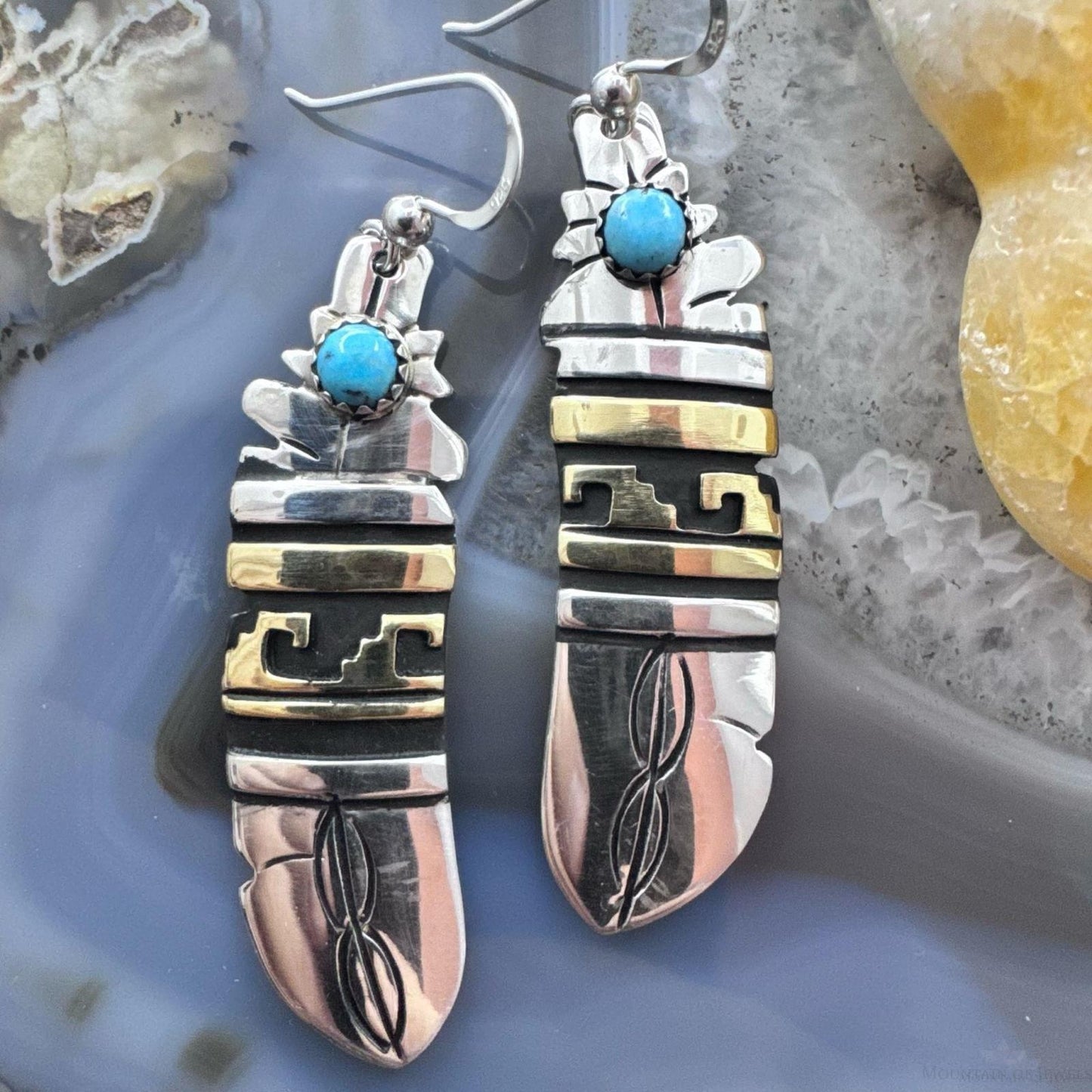 Tommy & Rosita Singer Sterling Silver & Gold Filled Turquoise Dot Feather Dangle Earrings For Women