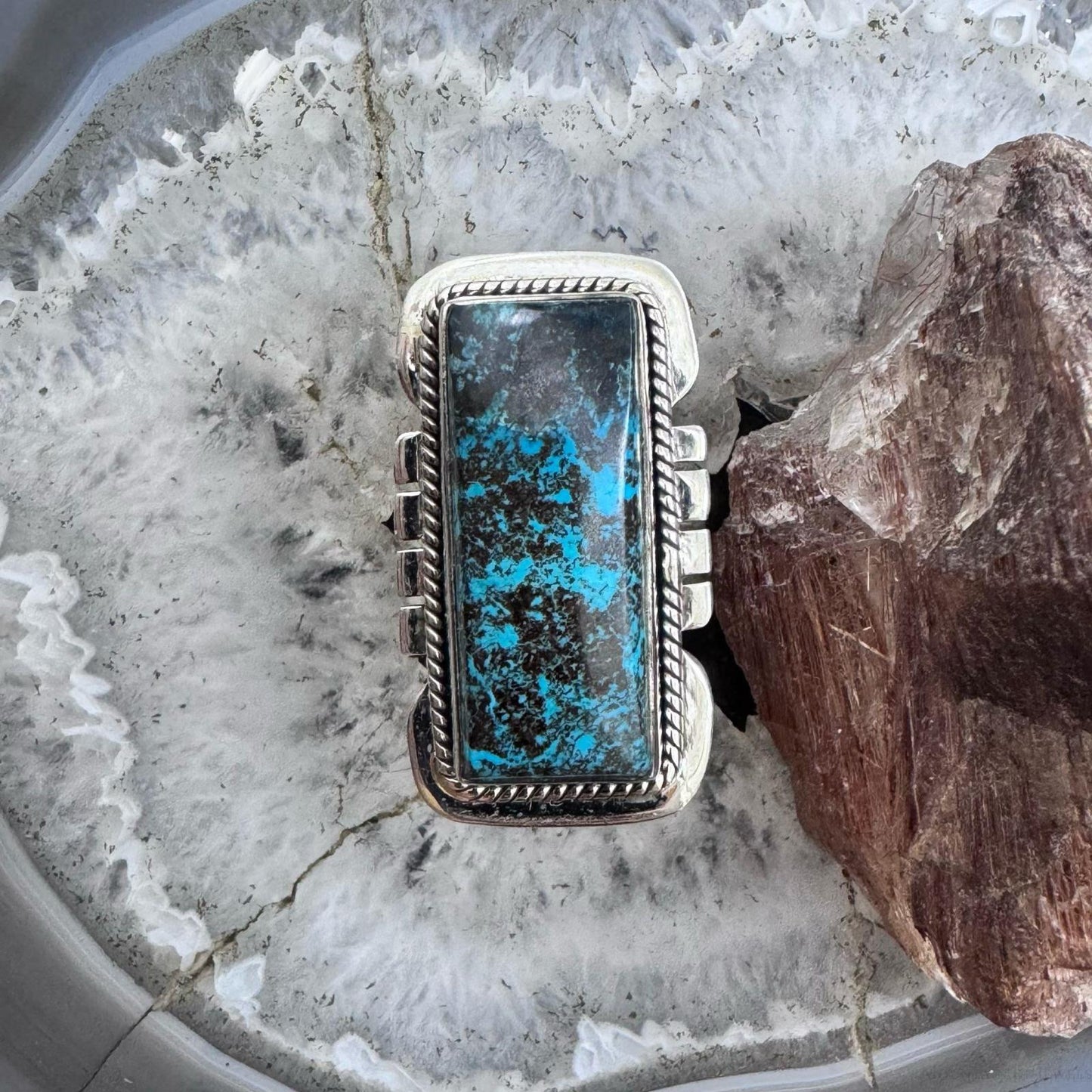 Sterling Silver Southwestern Style Azurite Decorated Bar Size 8 Ring For Women