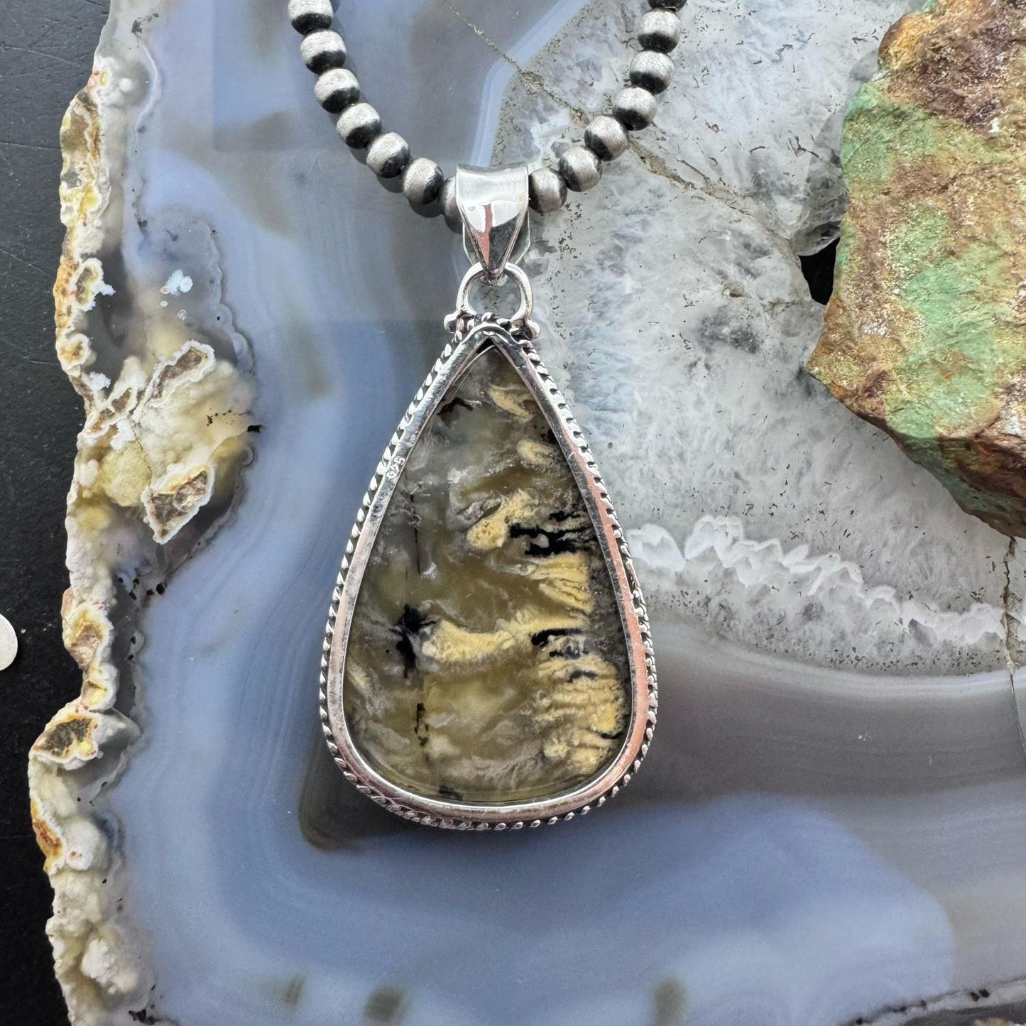 Sterling Silver Southwestern Style Large Teardrop Tiger Dendrite Agate Unisex Pendant