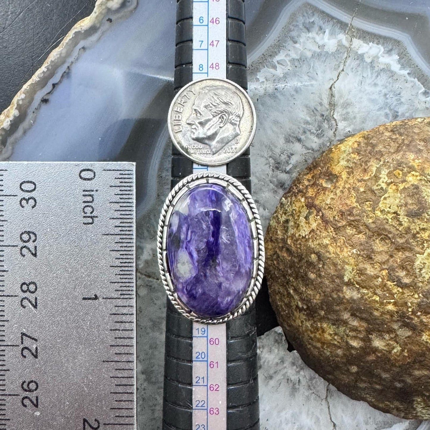 Sterling Silver Southwestern Style Oval Charoite Decorated Ring Size 7.5 For Women