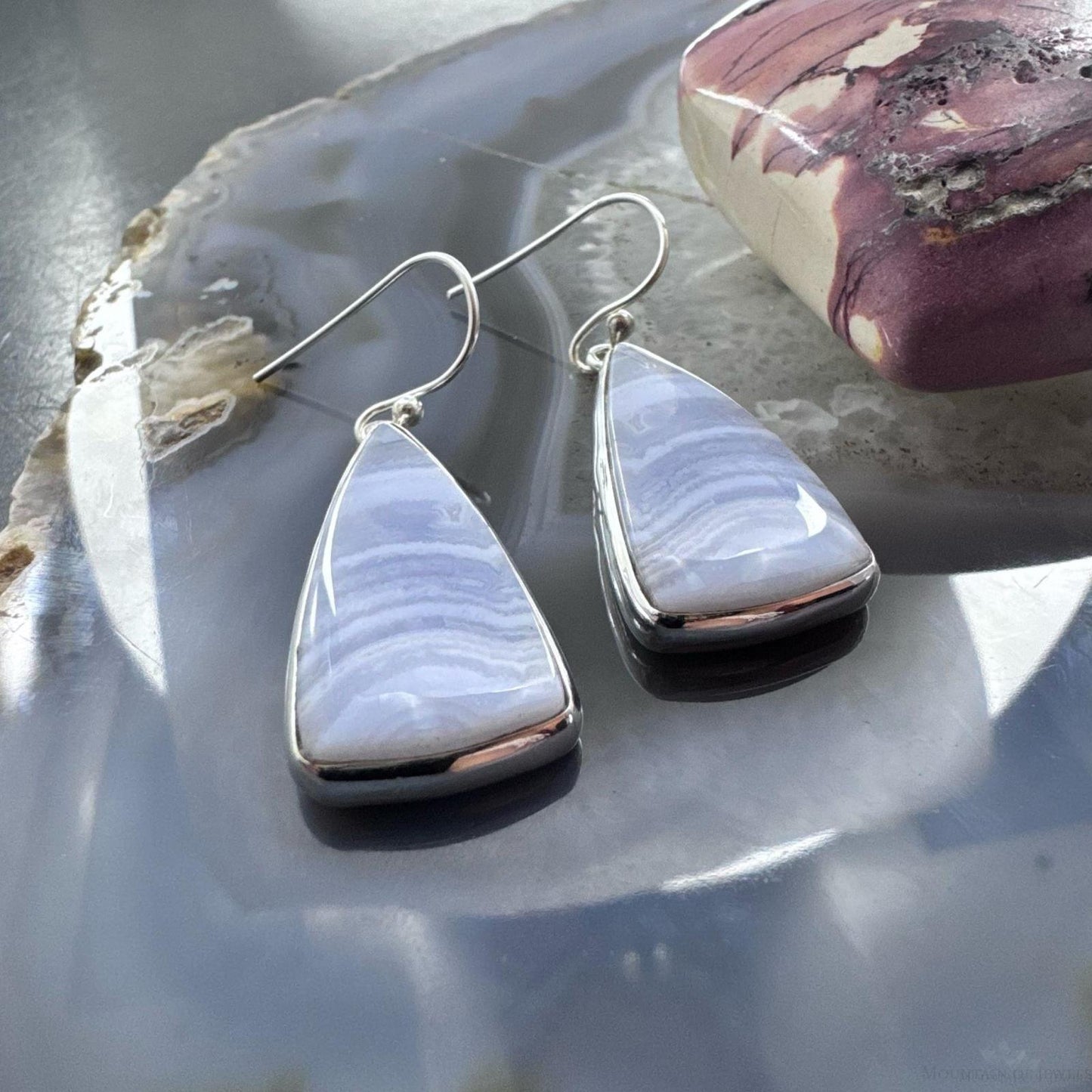 Sterling Silver Southwestern Style Triangle Blue Lace Agate Dangle Earrings For Women