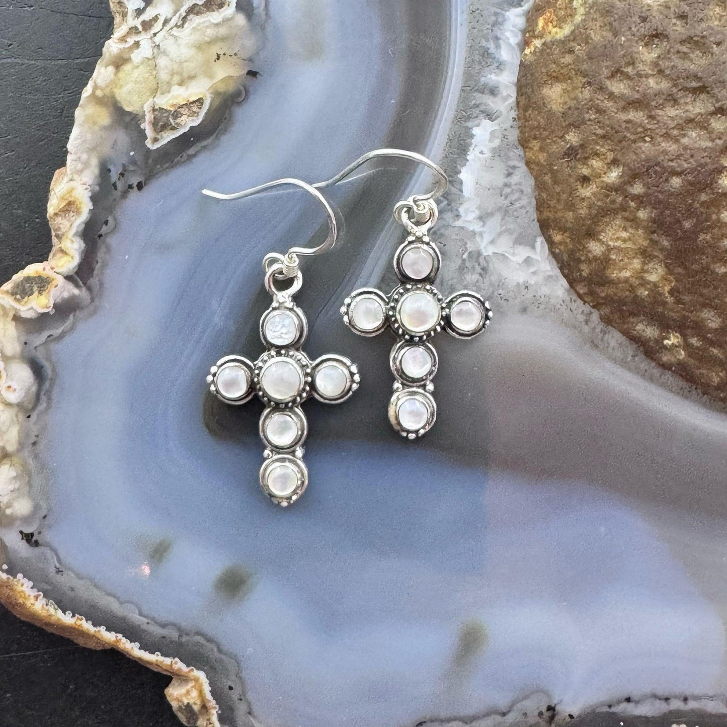 Sterling Silver 6 Moonstone Decorated Cross Fashion Dangle Earrings For Women