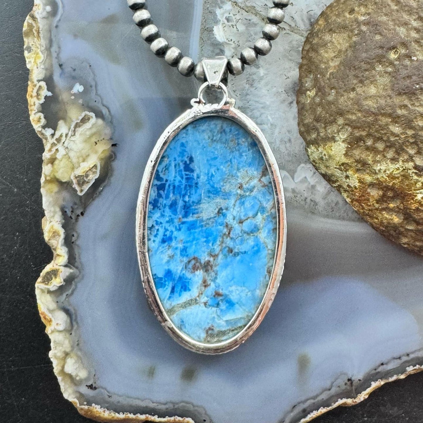 Sterling Silver Southwestern Style Elongated Oval Apatite Pendant For Women