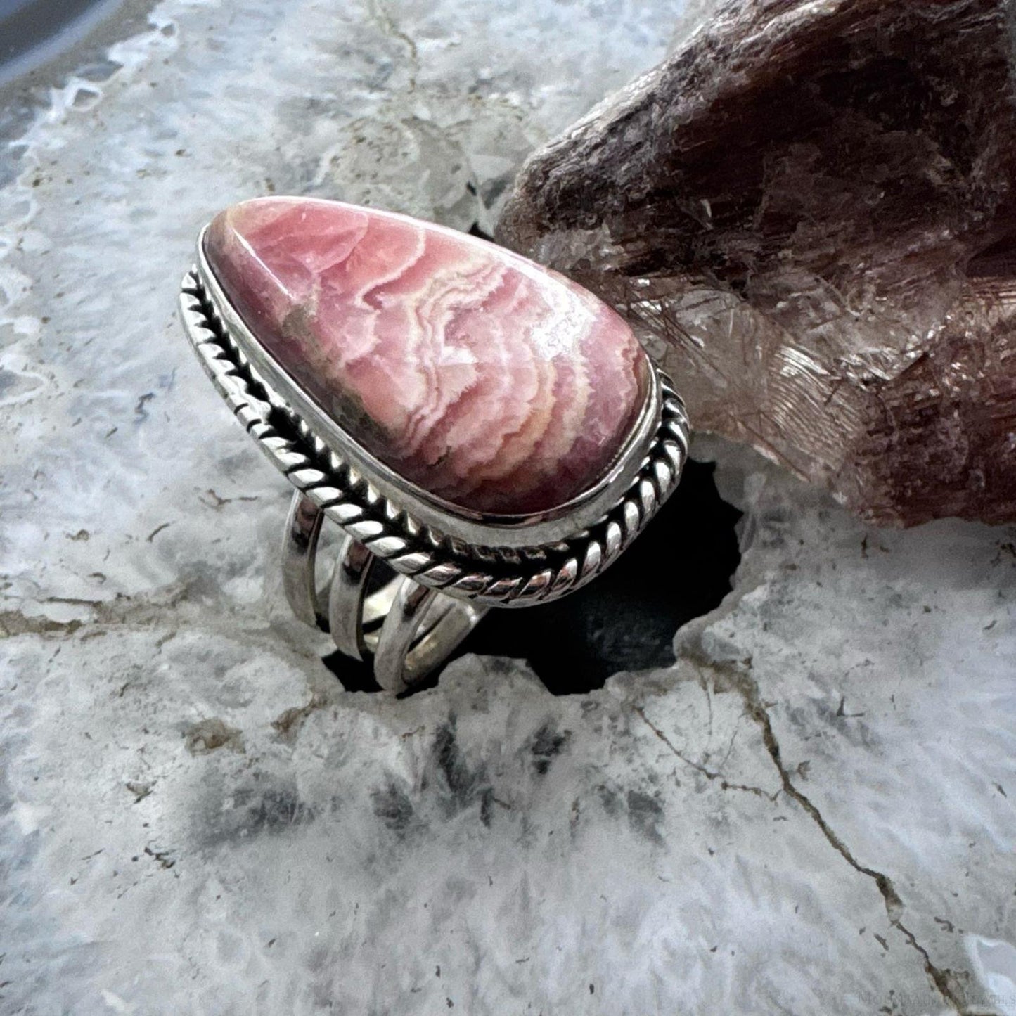 Sterling Silver Southwestern Style Teardrop Rhodochrosite Ring Size 6.5 For Women