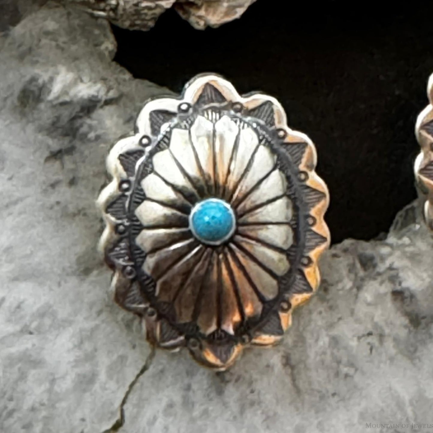 Native American Sterling Turquoise Dot Oval Concho Stud Earrings For Women