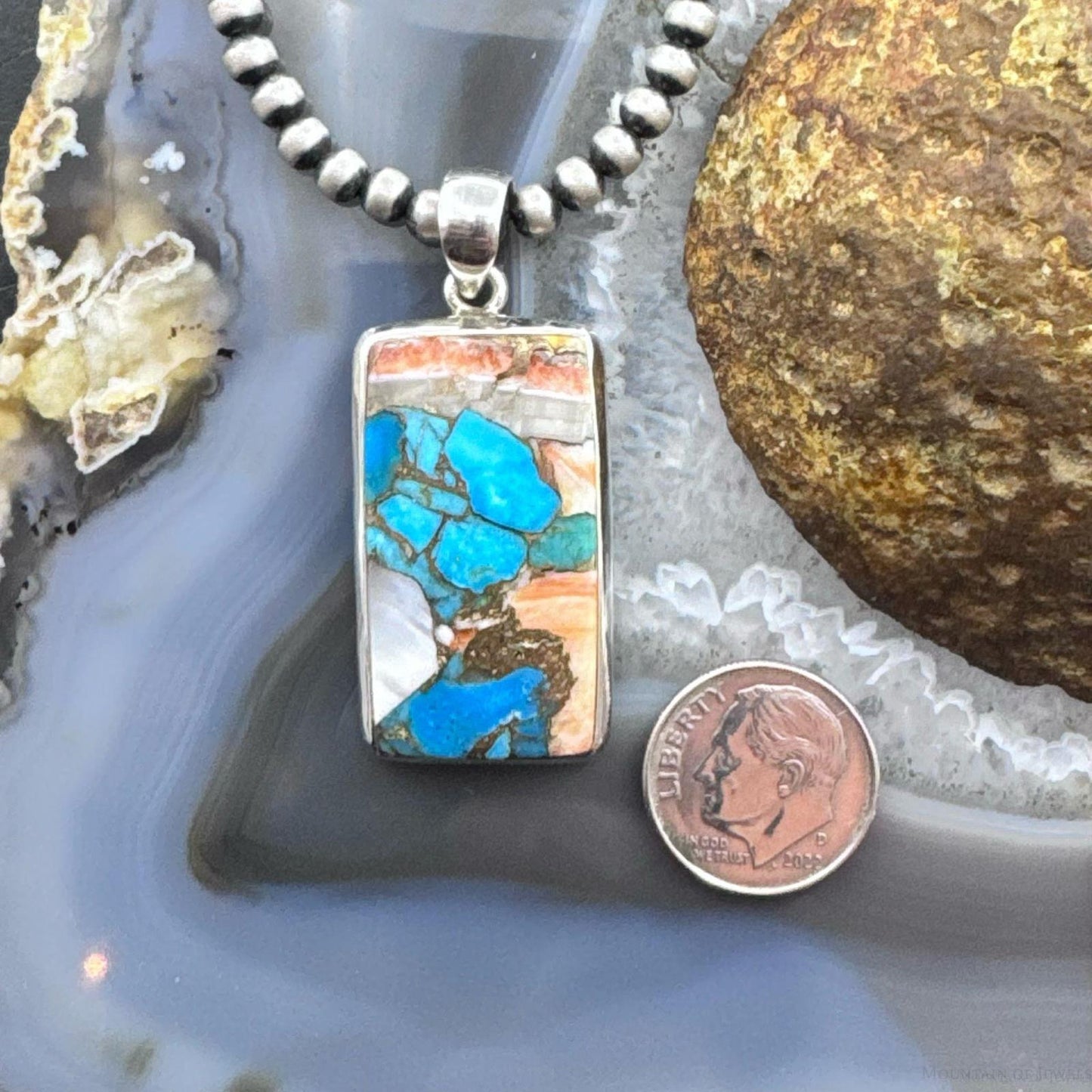 Sterling Silver Southwestern Style Rectangle Mohave Turquoise Pendant For Women