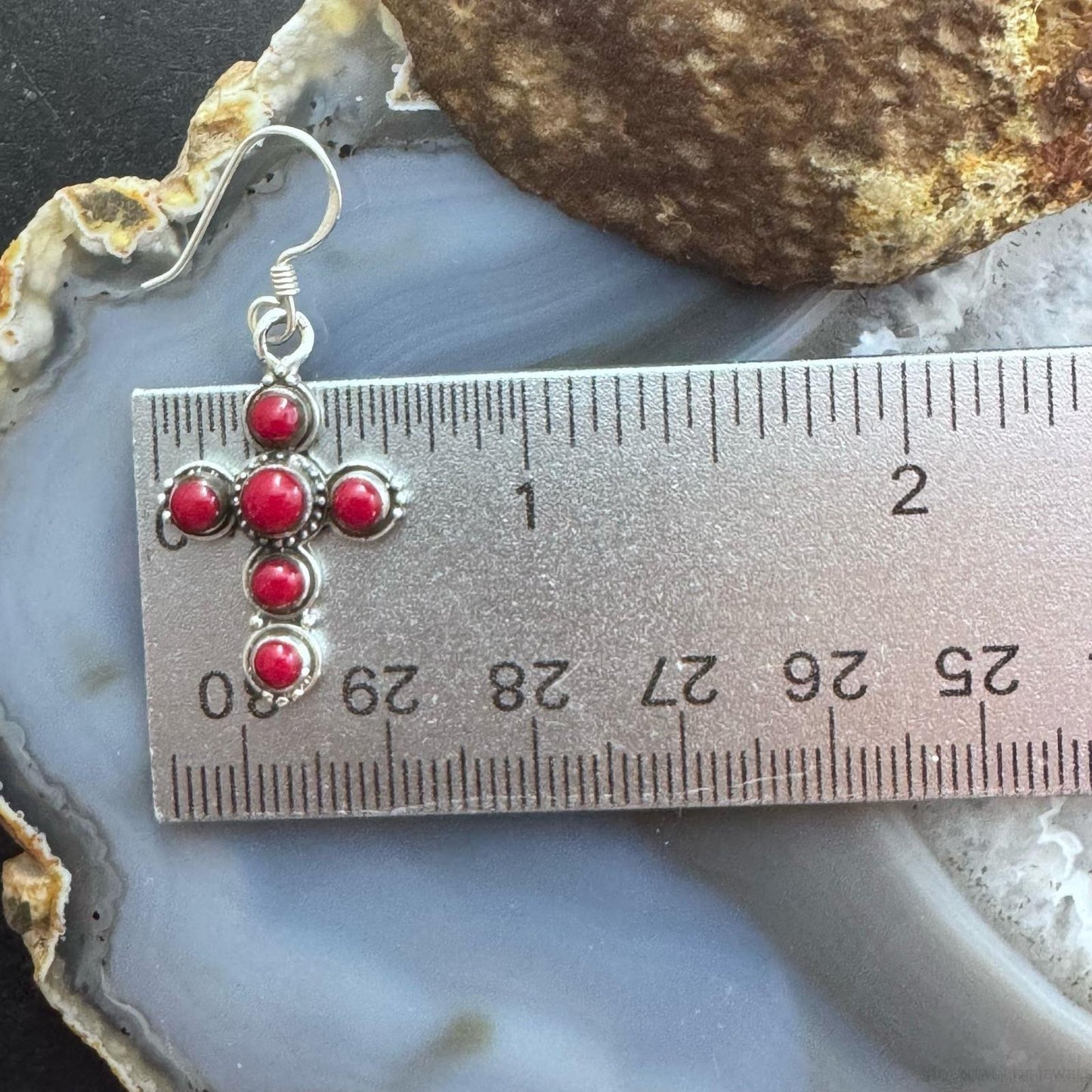 Sterling Silver 6 Red Gemstone Decorated Cross Fashion Dangle Earrings For Women