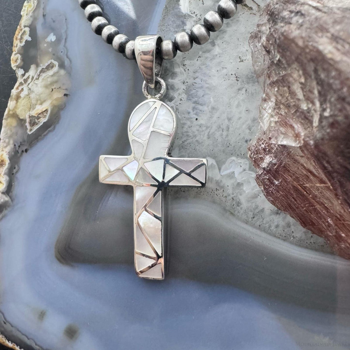 Sterling Silver Southwestern Style Mother of Pearl Inlay Unisex Cross Pendant