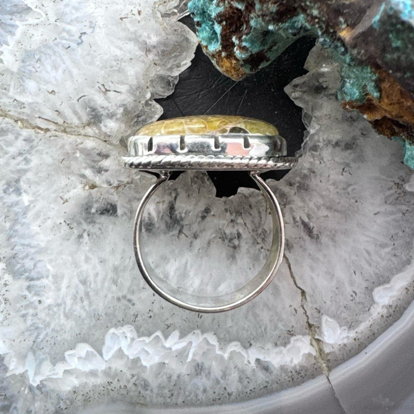 Sterling Silver Southwestern Style Square Ammonite Decorated Ring Size 9 For Women