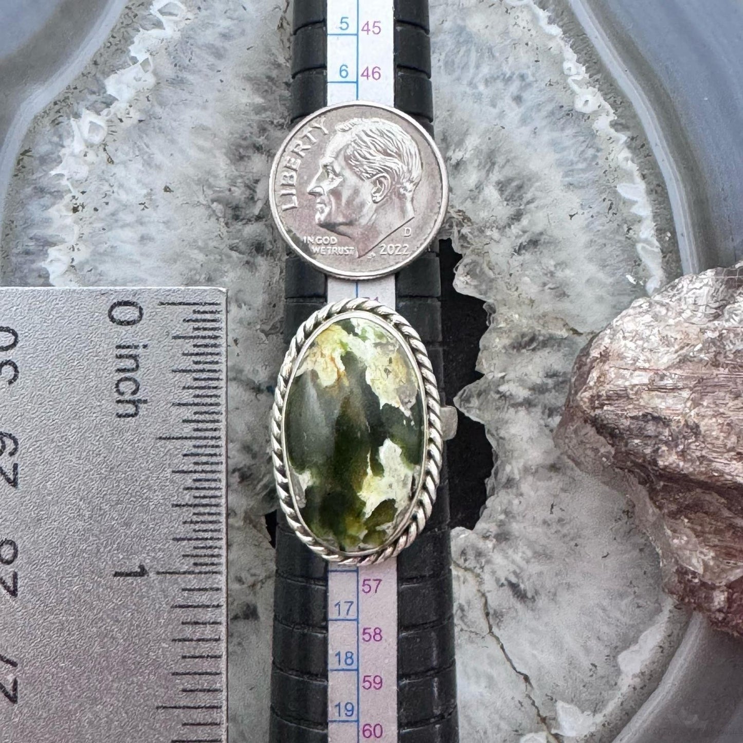 Sterling Silver Southwestern Style Chrome Chalcedony Decorated Ring Size 6.75 For Women