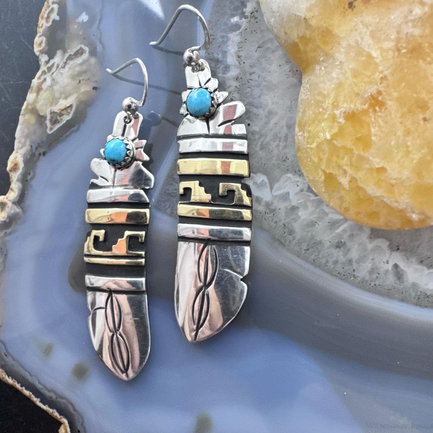 Tommy & Rosita Singer Sterling Silver & Gold Filled Turquoise Dot Feather Dangle Earrings For Women