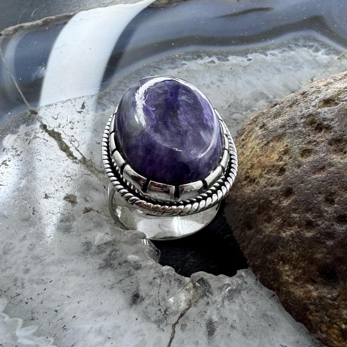 Sterling Silver Southwestern Style Oval Charoite Decorated Ring Size 7.5 For Women