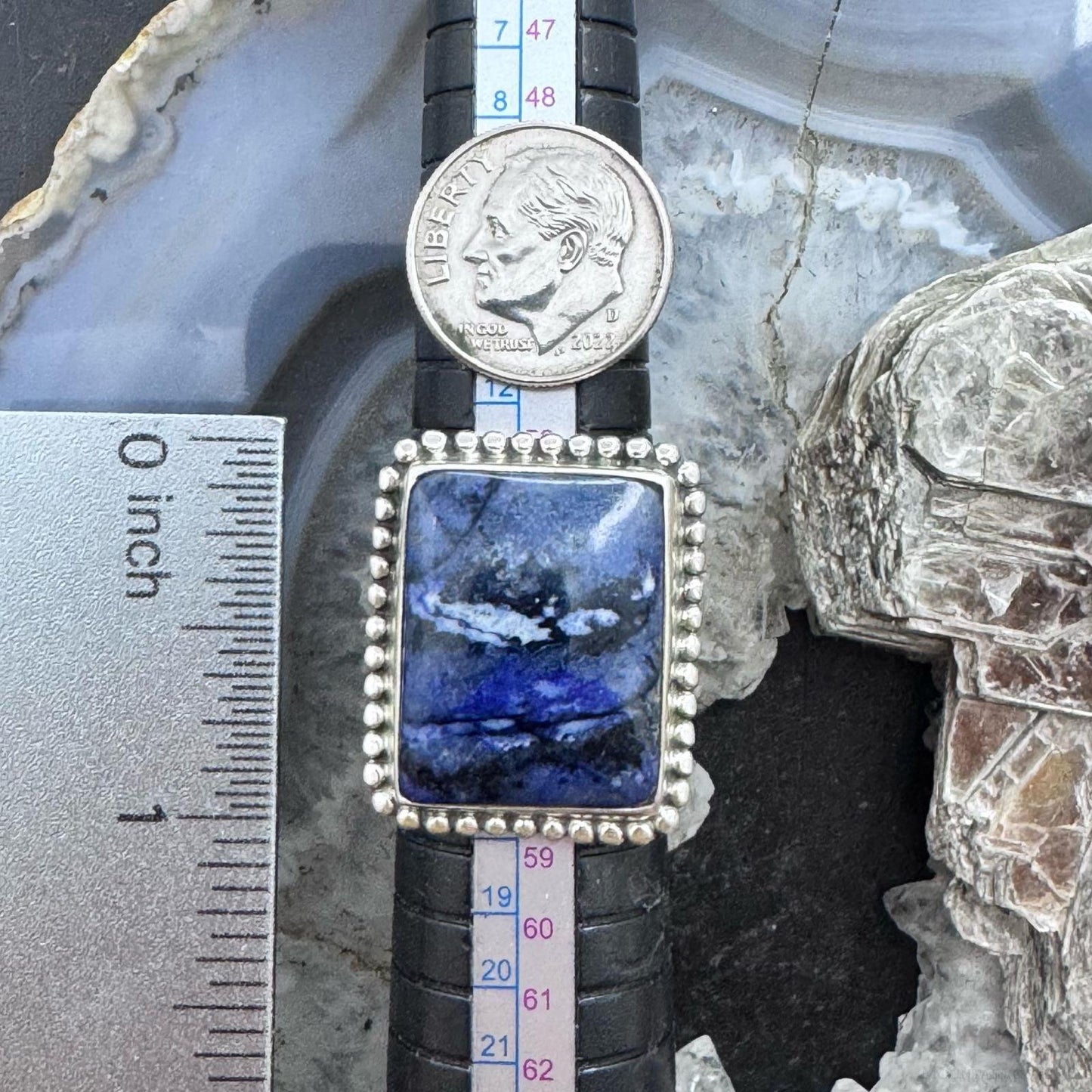 Sterling Silver Southwestern Style Dumortierite Decorated Ring Size 7.75 For Women