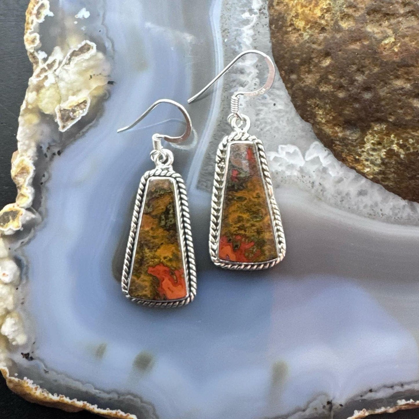 Sterling Silver Southwestern Style Trapezoid Moroccan Seam Agate Dangle Earrings For Women
