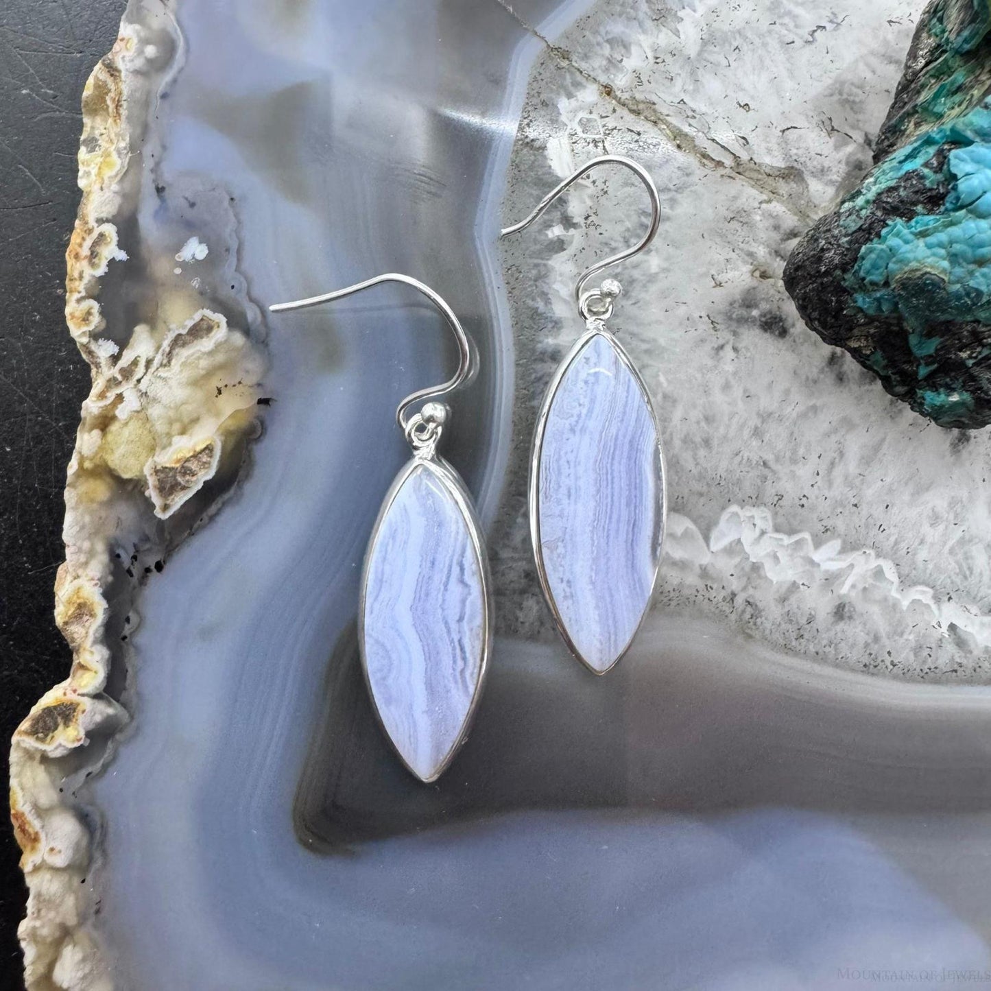 Sterling Silver Southwestern Style Marquise Blue Lace Agate Dangle Earrings For Women