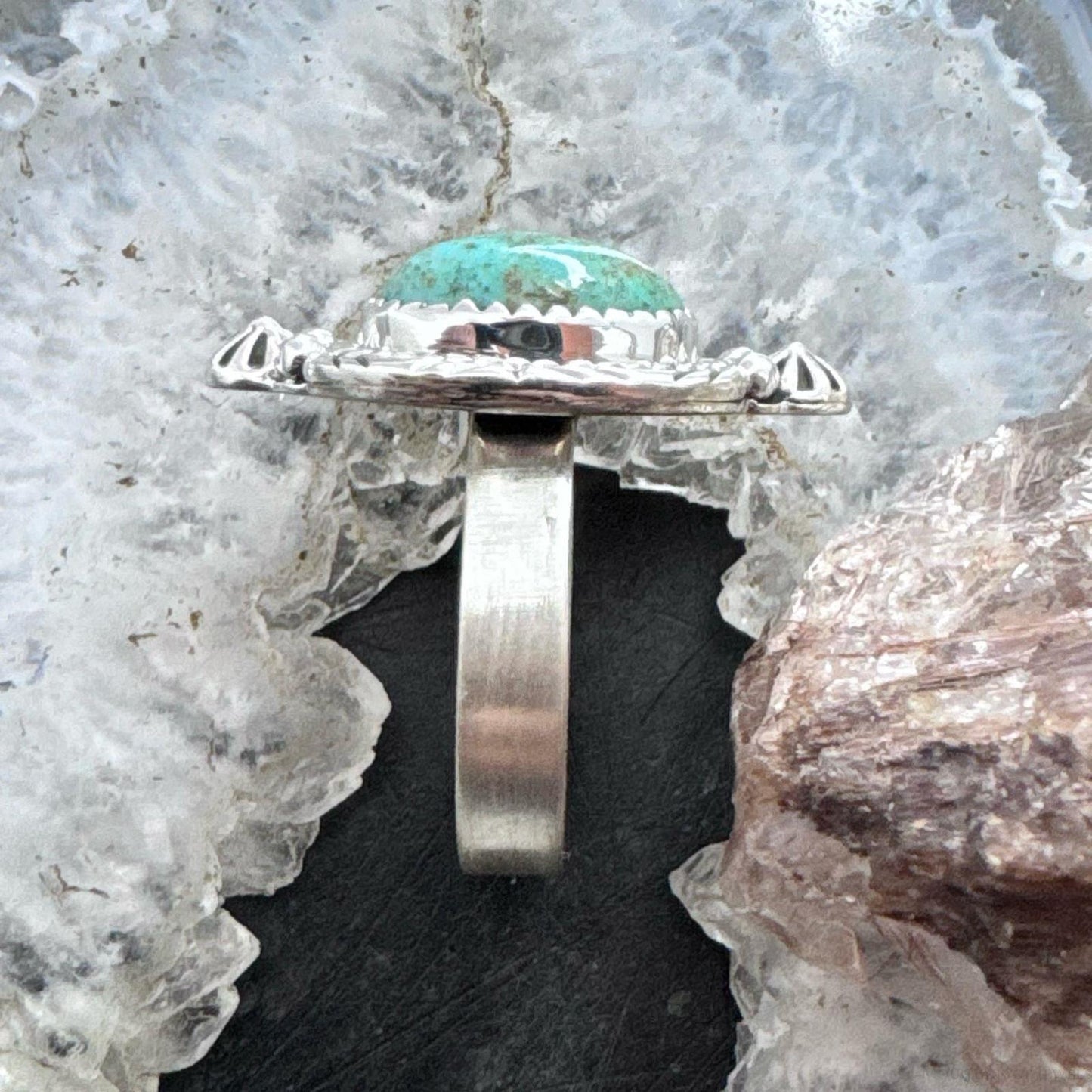 Sterling Silver Southwestern Style Oval Turquoise Decorated Adjustable Ring For Women