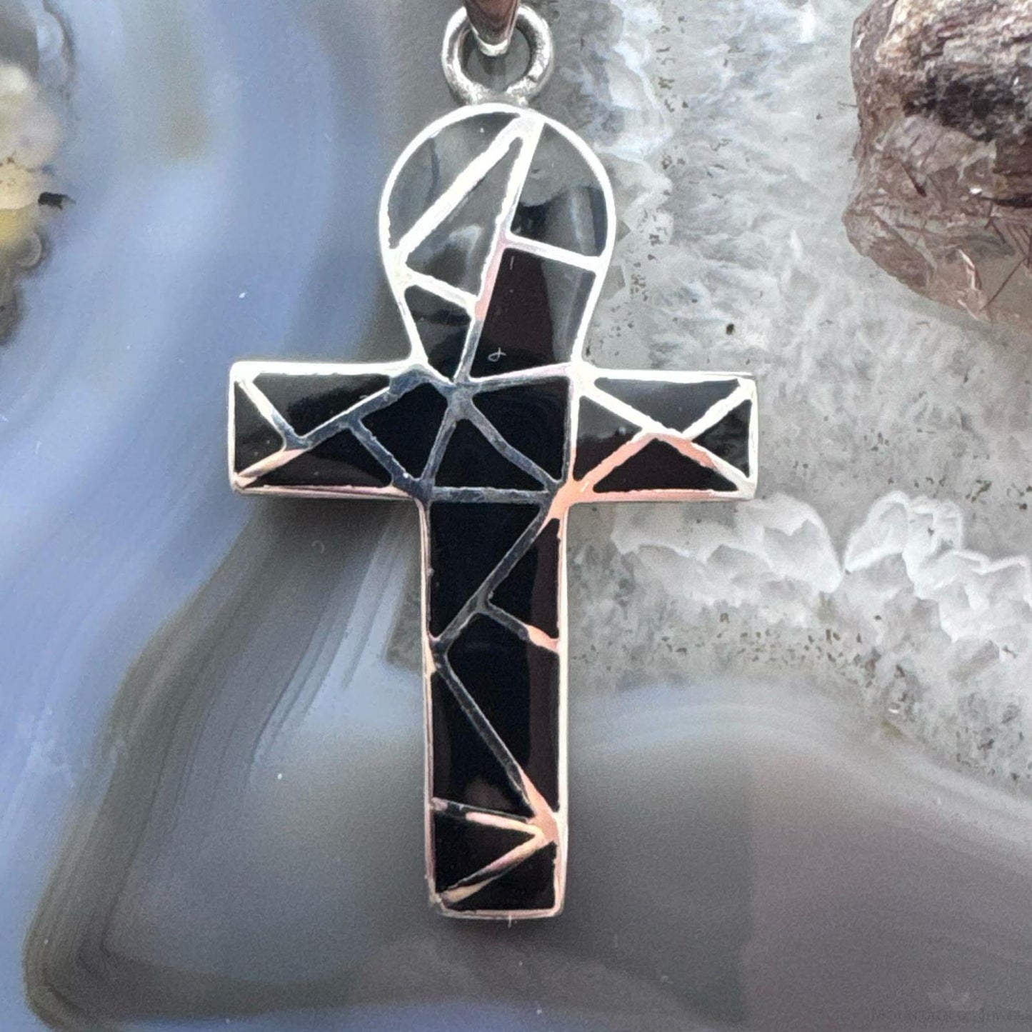 Sterling Silver Southwestern Style Onyx Inlay Unisex Cross Pendant