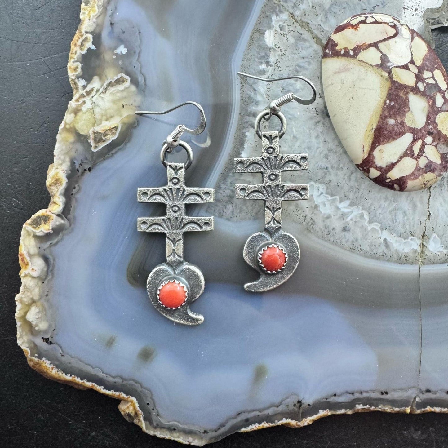 Kevin Billah Native American Sterling Silver Coral Cross & Heart Dangle Earrings For Women