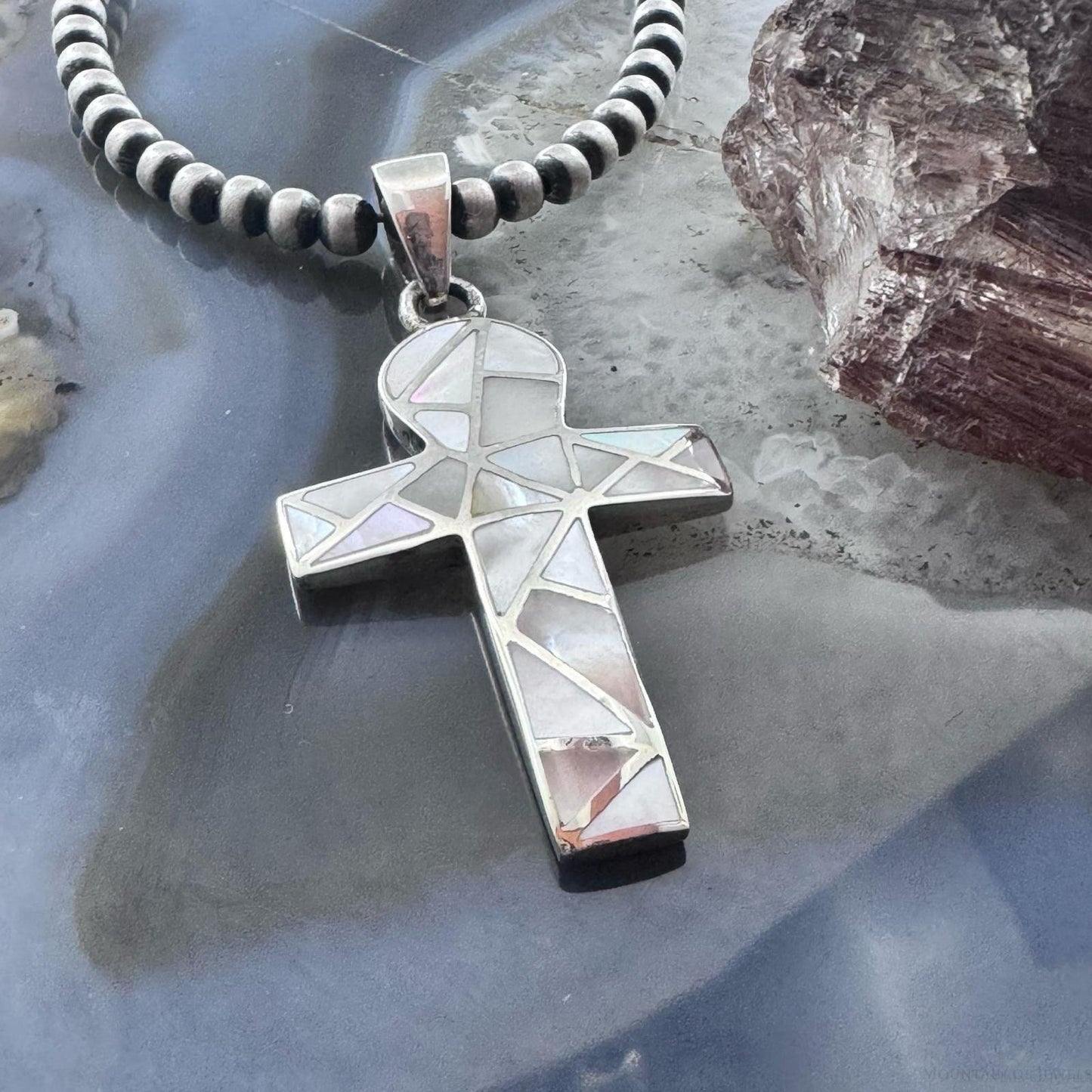 Sterling Silver Southwestern Style Mother of Pearl Inlay Unisex Cross Pendant