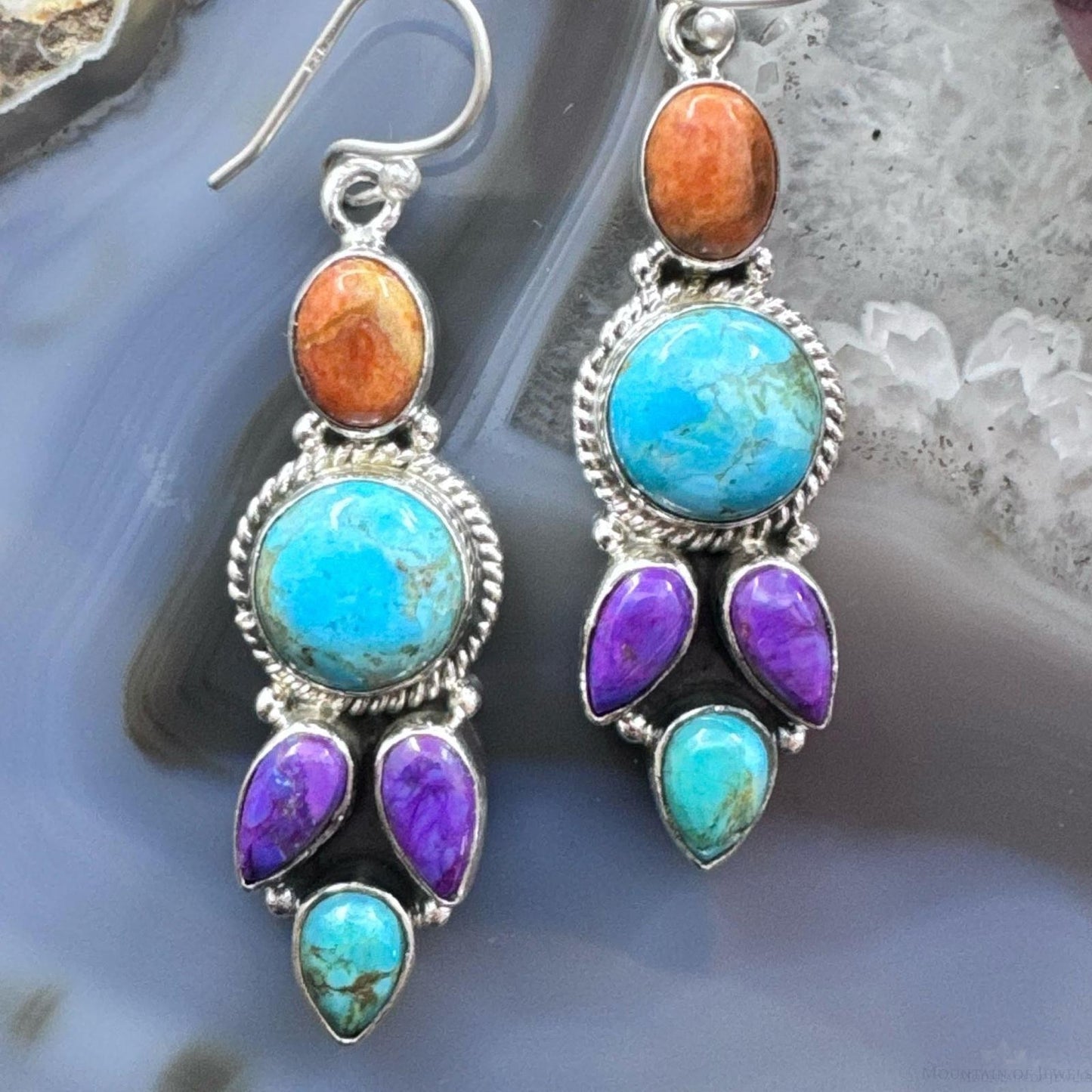Sterling Silver Southwestern Style Multistone Cluster Dangle Earrings For Women #19