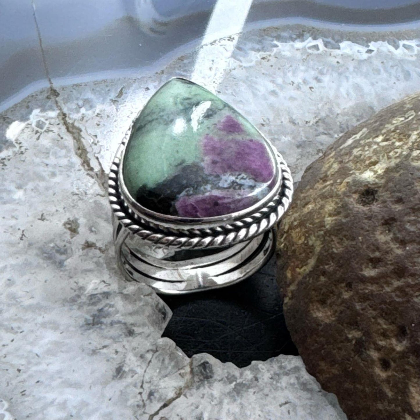 Sterling Silver Southwestern Style Teardrop Ruby Zoisite Ring Size 9 For Women