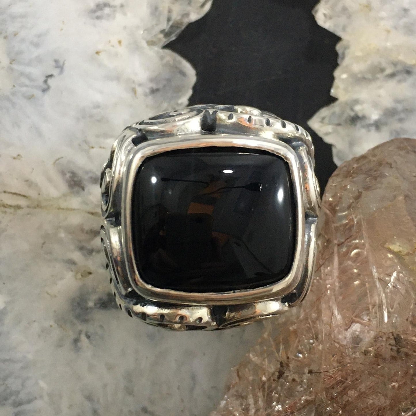 Carolyn Pollack Sterling Silver Rectangle Onyx Decorated Ring For Women