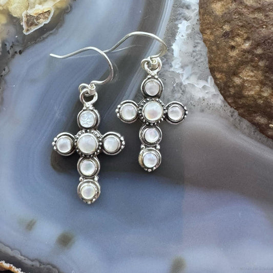 Sterling Silver 6 Moonstone Decorated Cross Fashion Dangle Earrings For Women