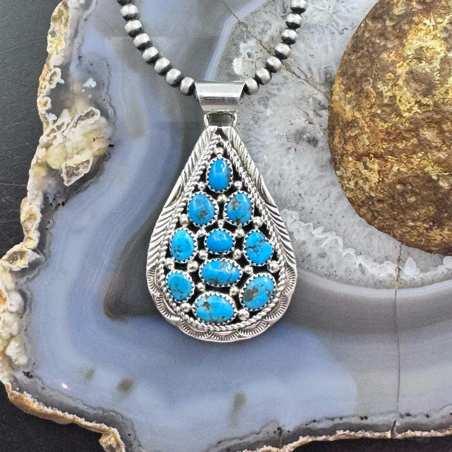 Marlene Jones Native American Sterling Silver Turquoise Teardrop Pendant For Women