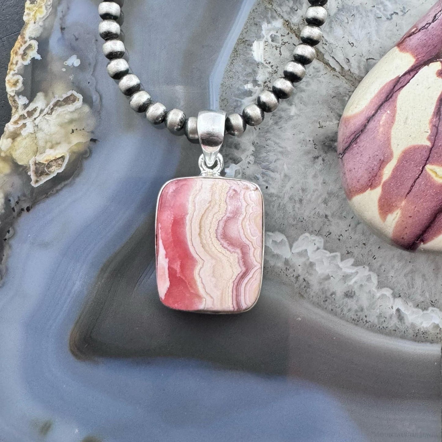 Sterling Silver Southwestern Style Rectangle Rhodochrosite Pendant For Women