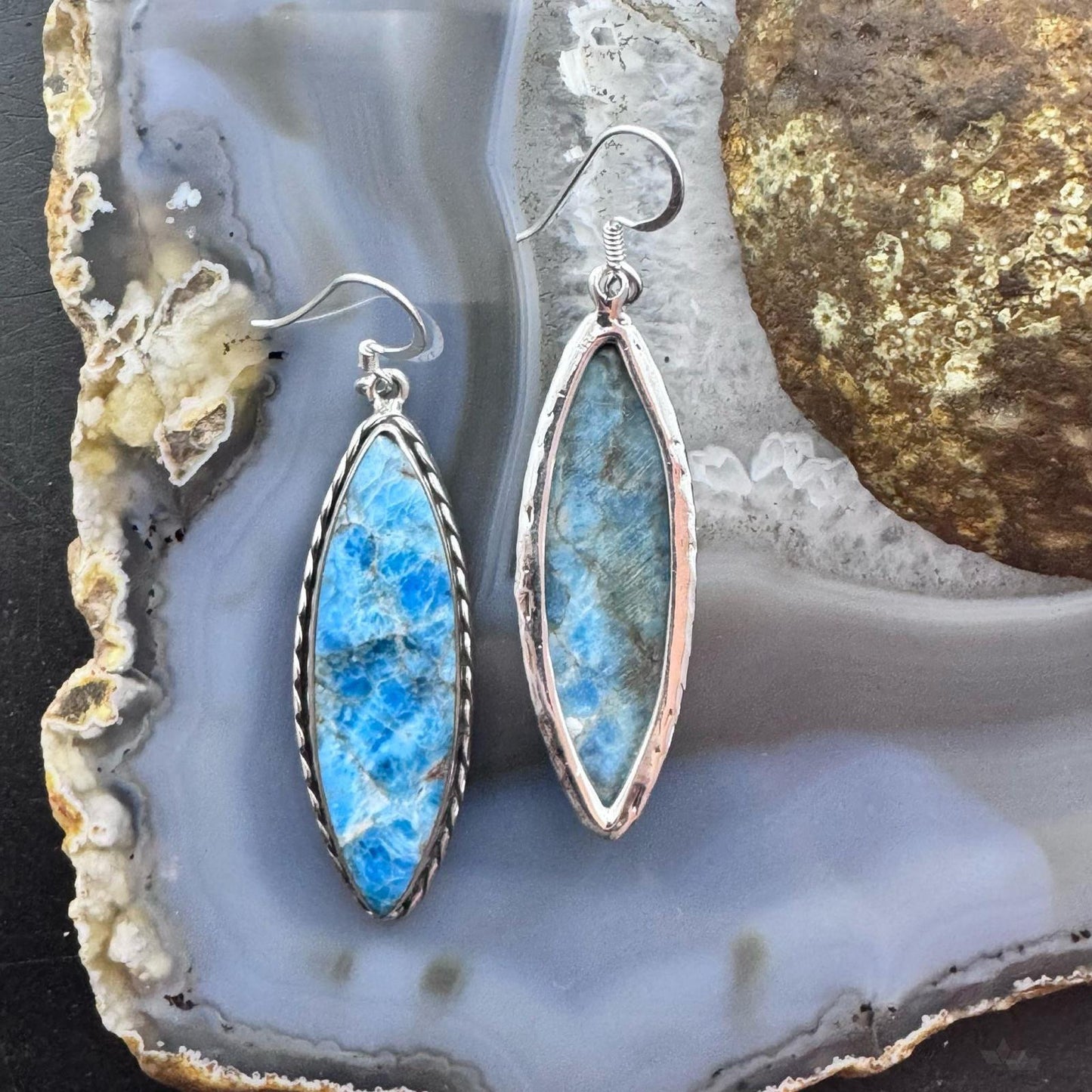 Sterling Silver Southwestern Style Elongated Marquise Blue Apatite Dangle Earrings For Women