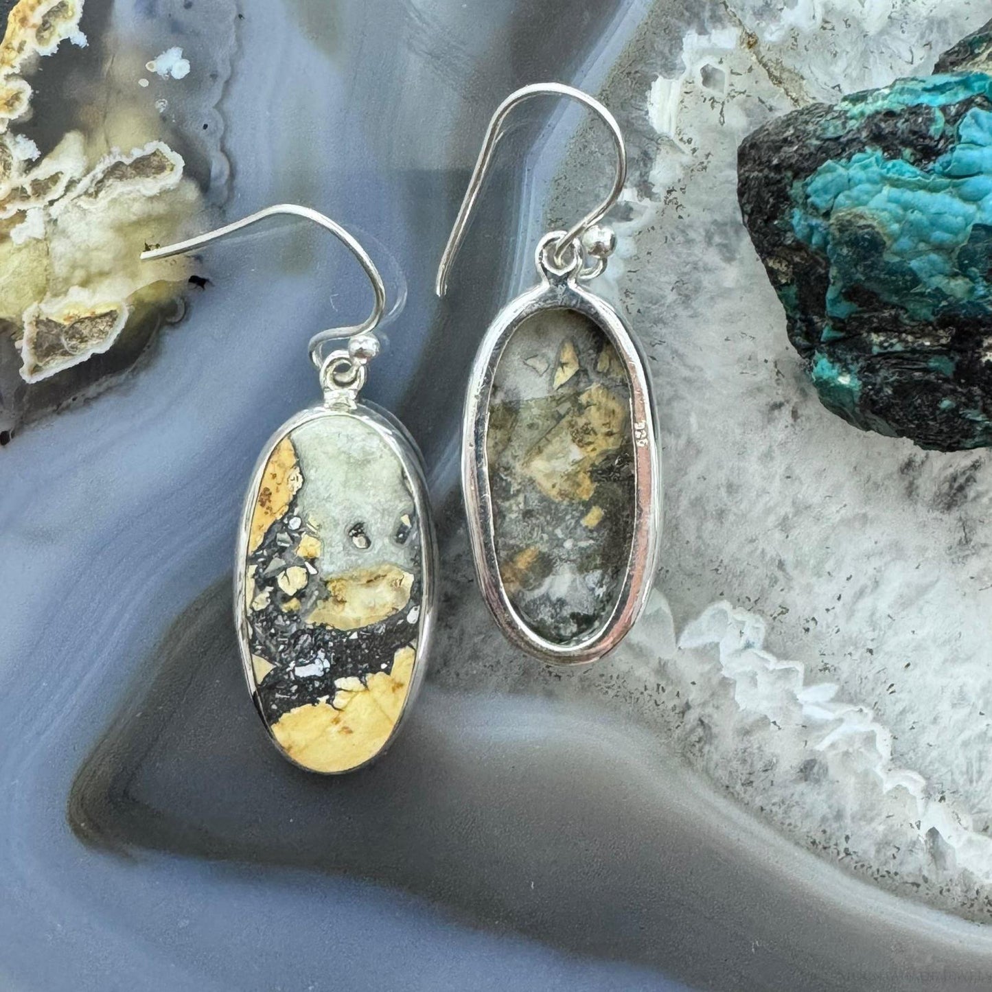 Sterling Silver Southwestern Style Oval Maligano Jasper Dangle Earrings For Women