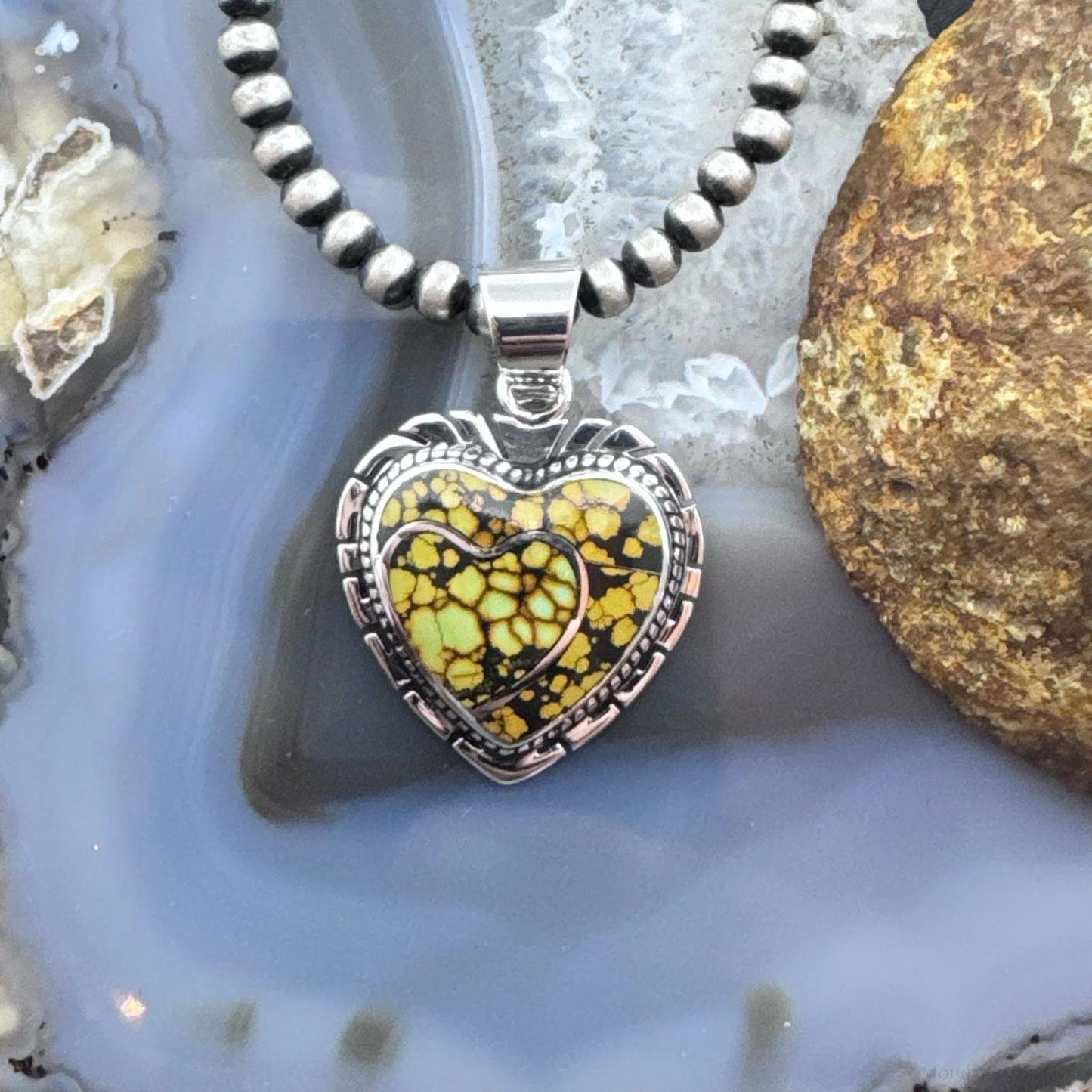 Native American Sterling Silver Chinese Turquoise Double Heart Pendant For Women