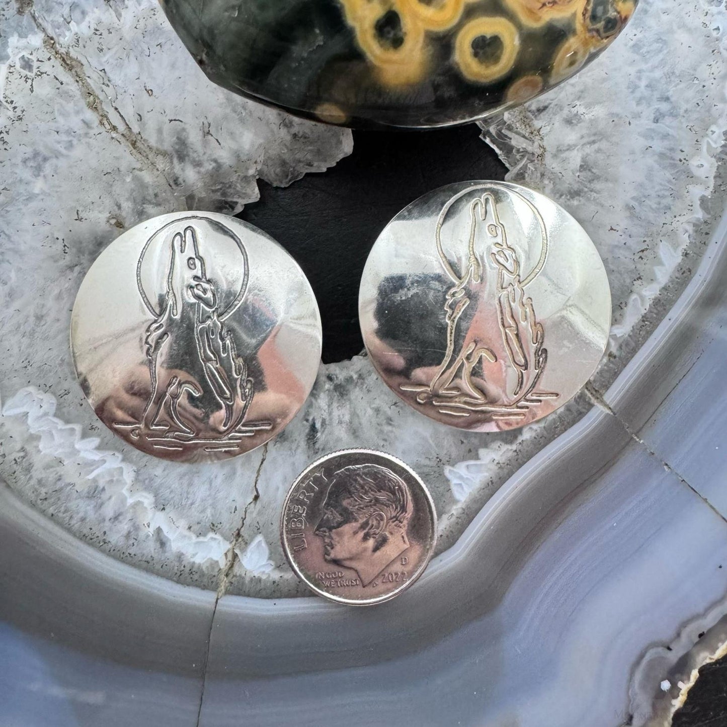 Native American Silver Stamped Coyote Rounded Post Earrings For Women