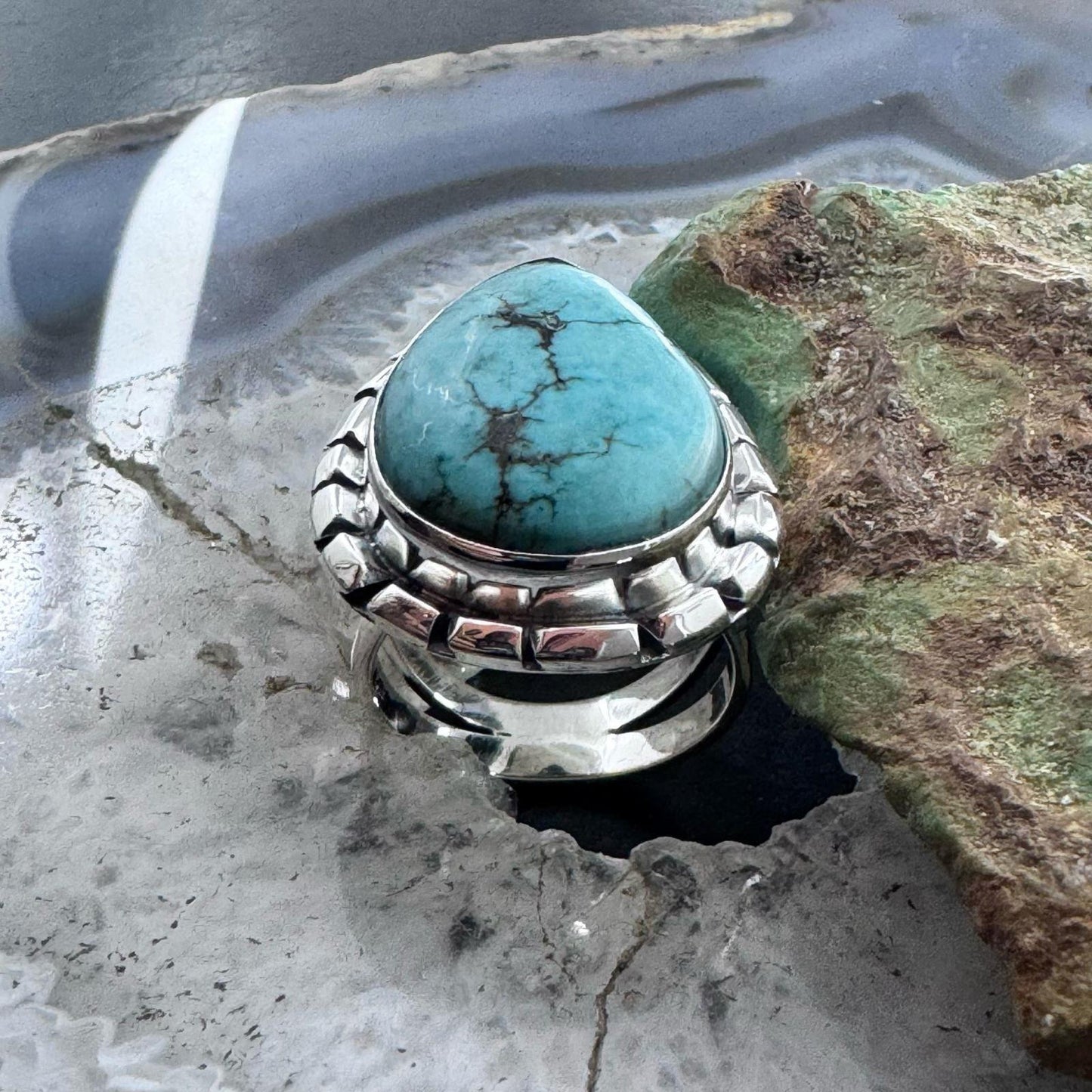 Sterling Silver Southwestern Style Teardrop Tibetan Turquoise Ring Size 7.75 For Women