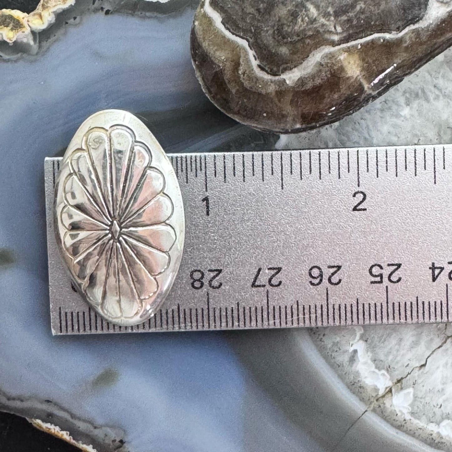Native American Silver Stamped Flower Oval Post Earrings For Women