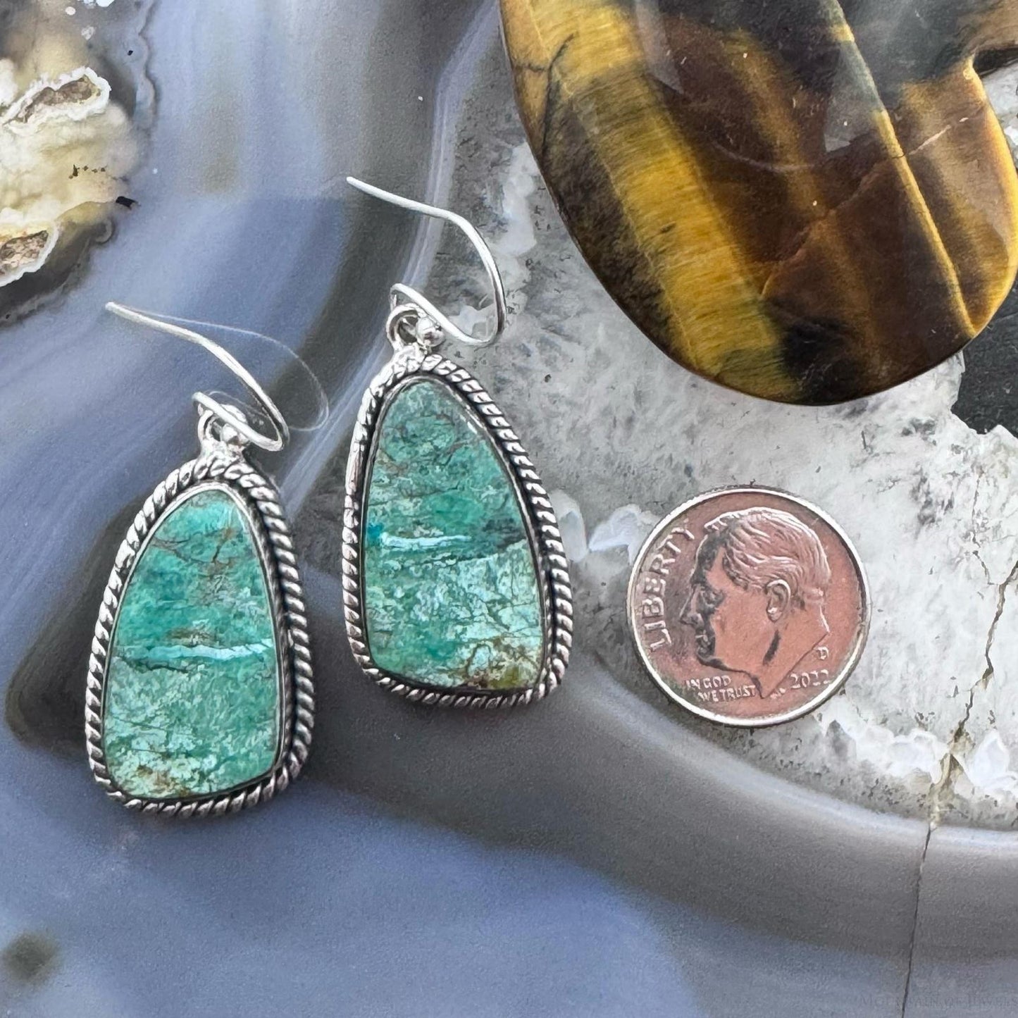 Sterling Silver Southwestern Style Green Shattuckite Dangle Earrings For Women