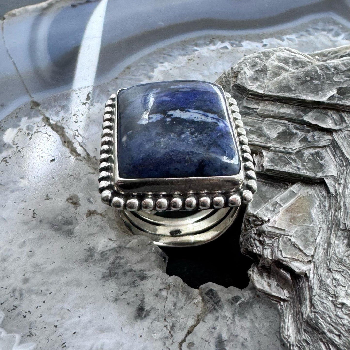 Sterling Silver Southwestern Style Dumortierite Decorated Ring Size 7.75 For Women