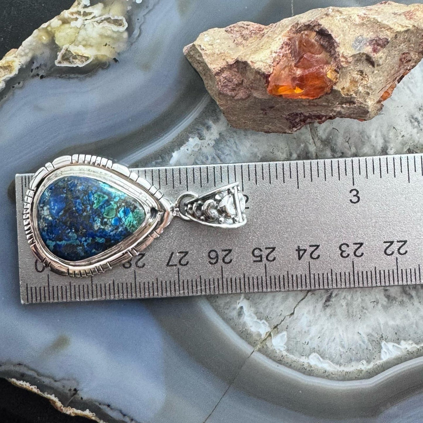 Sterling Silver Southwestern Style Teardrop Azurite Malachite Decorated Pendant