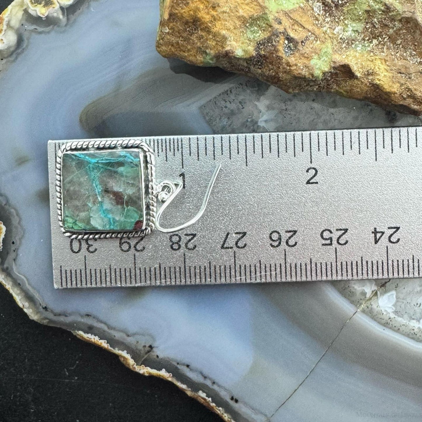 Sterling Silver Southwestern Style Square Green Shattuckite Dangle Earrings For Women