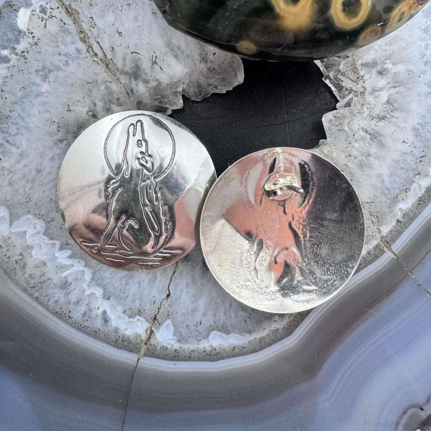 Native American Silver Stamped Coyote Rounded Post Earrings For Women