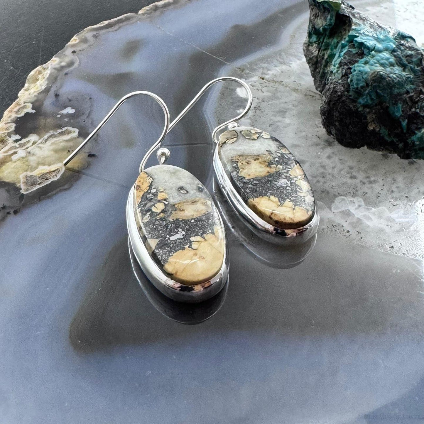 Sterling Silver Southwestern Style Oval Maligano Jasper Dangle Earrings For Women