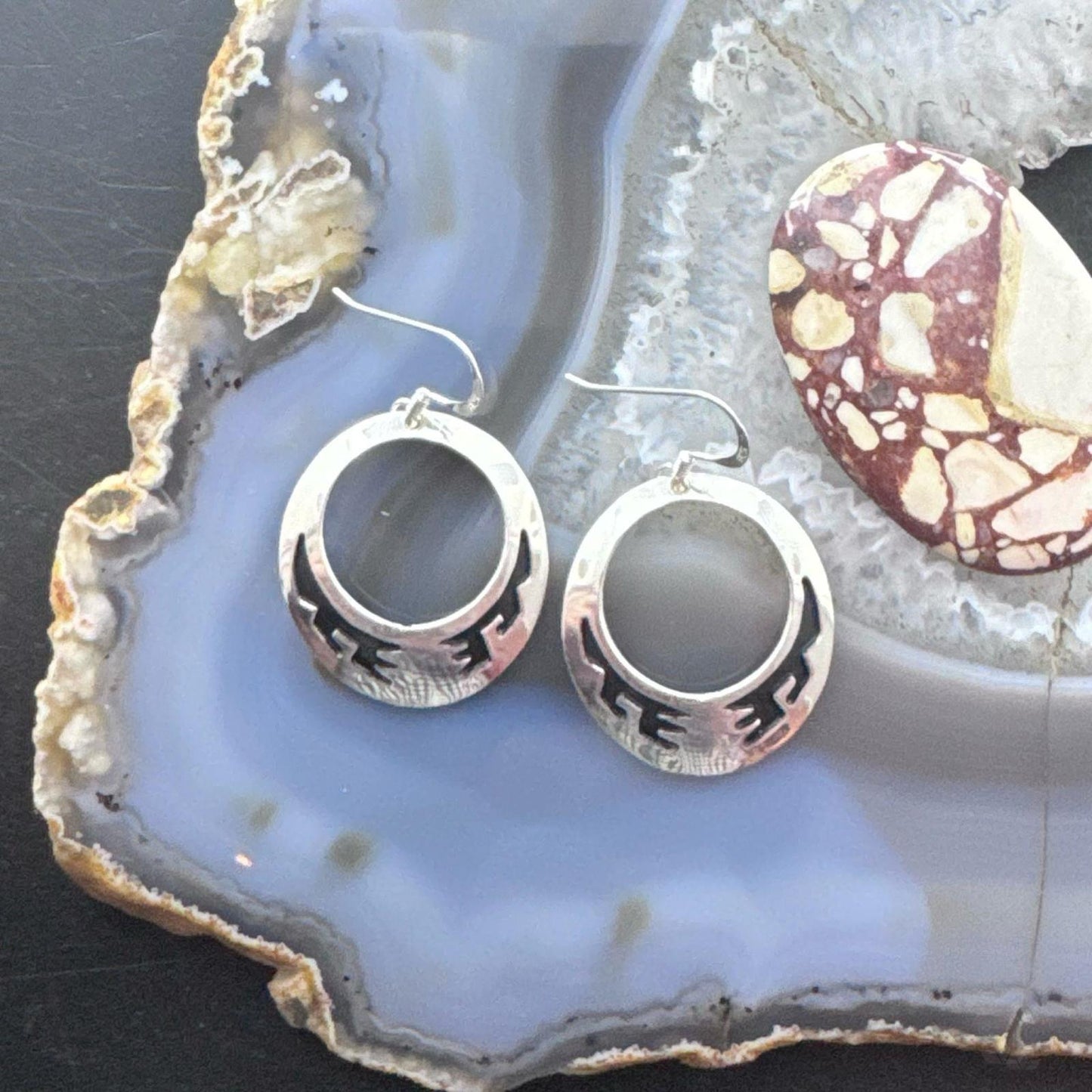 Tommy & Rosita Singer Sterling Silver Overlay Southwestern Motif Hoop Dangle Earrings For Women