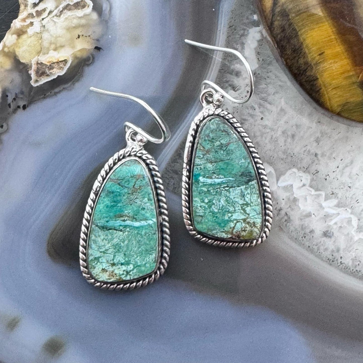 Sterling Silver Southwestern Style Green Shattuckite Dangle Earrings For Women