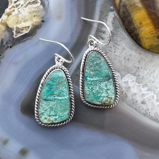Sterling Silver Southwestern Style Green Shattuckite Dangle Earrings For Women