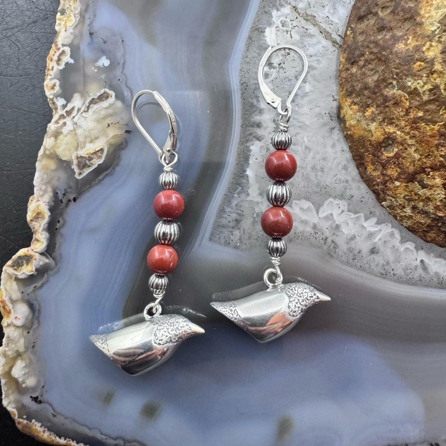 Andrew Rodriguez Sterling Silver Crow With 2 Tiny Red Jasper Beads Dangle Earrings For Women